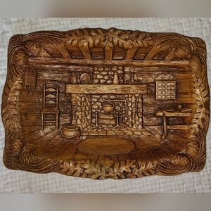 Mid Century 1950s Resin bowl depicting cozy cabin scene with fireplace